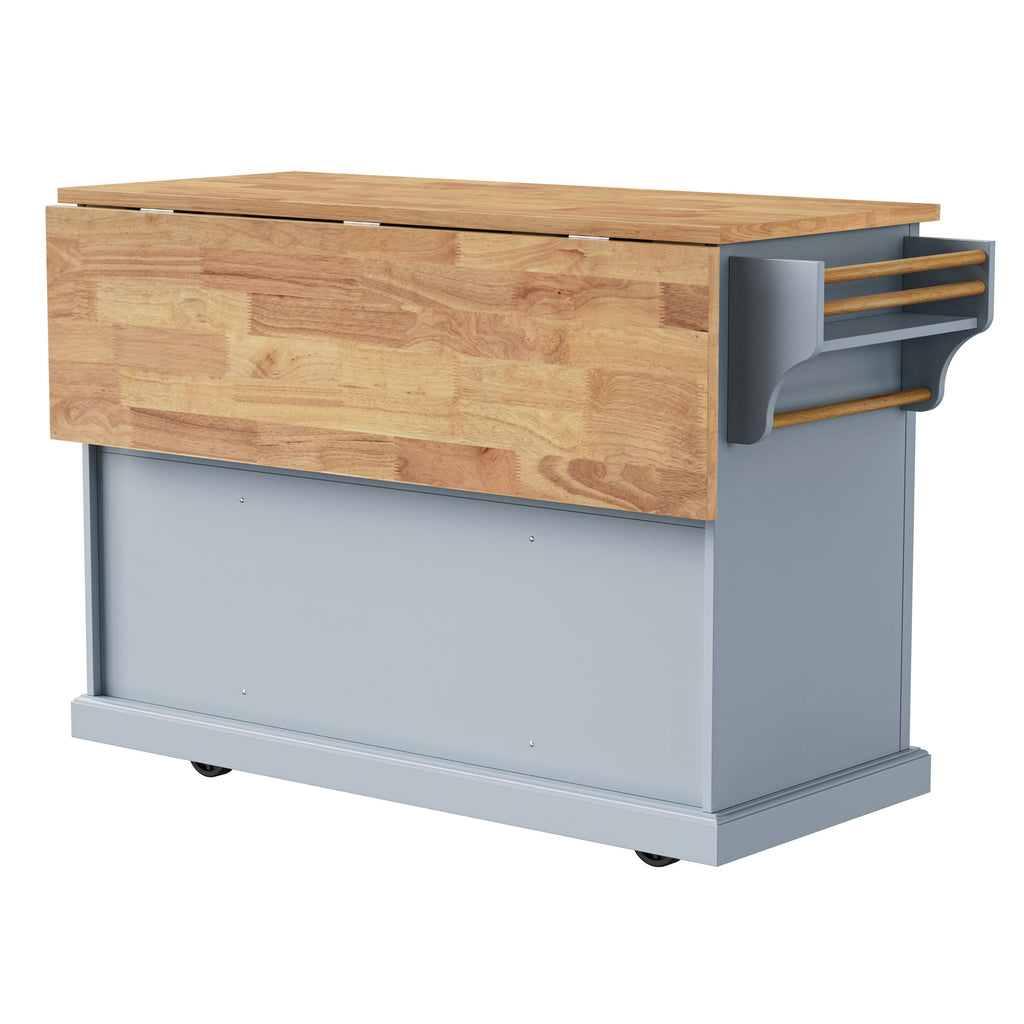 K&K 54inch Large Kitchen Island with Rubber Wood Drop Leaf, Embossed Texture Rolling Kitchen Cart on 4 Wheels with 4 Doors and 3 Drawers, Kitchen Island with Storage for Kitchen, Dining Room,Black