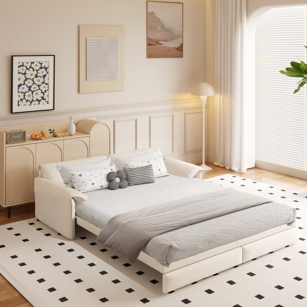 Beige and white velvet pull-out sleeper sofa bed — front view