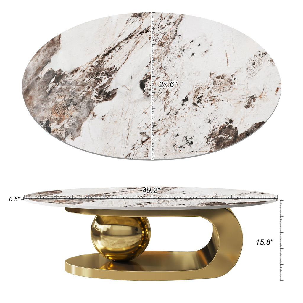 Gold oval faux marble coffee table with stainless steel ball base — product photo