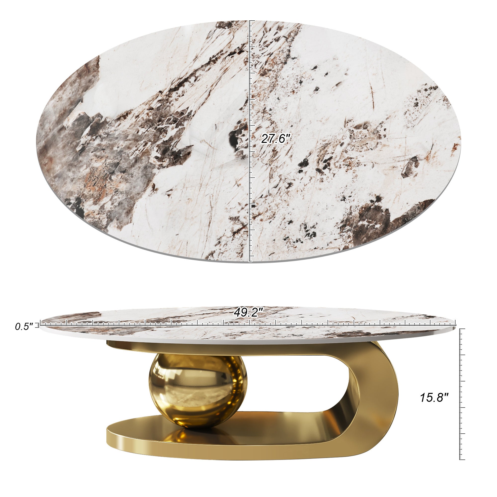 Gold oval faux marble coffee table with stainless steel ball base — product photo