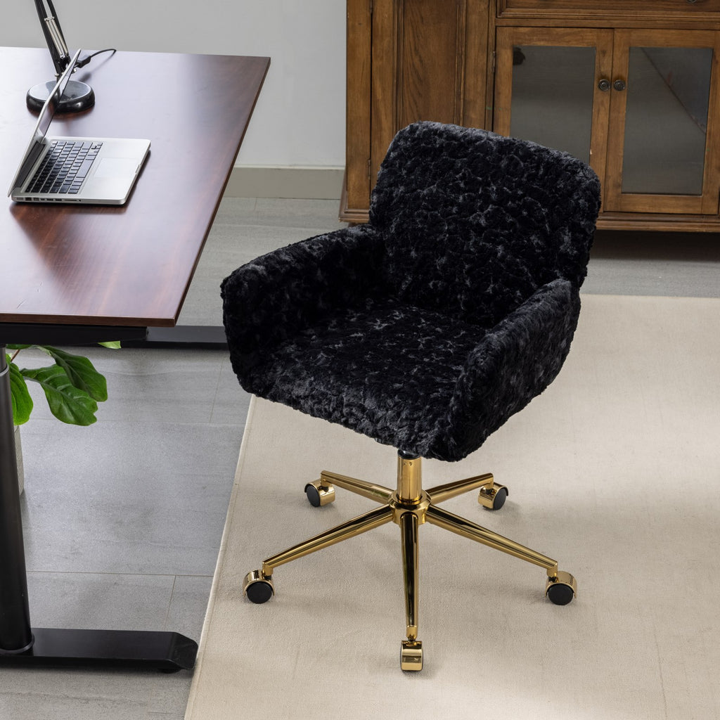 Adjustable reclining black faux fur desk chair
