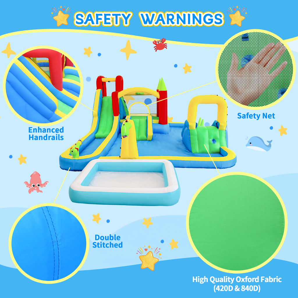 Backyard inflatable water park with basketball hoop detail