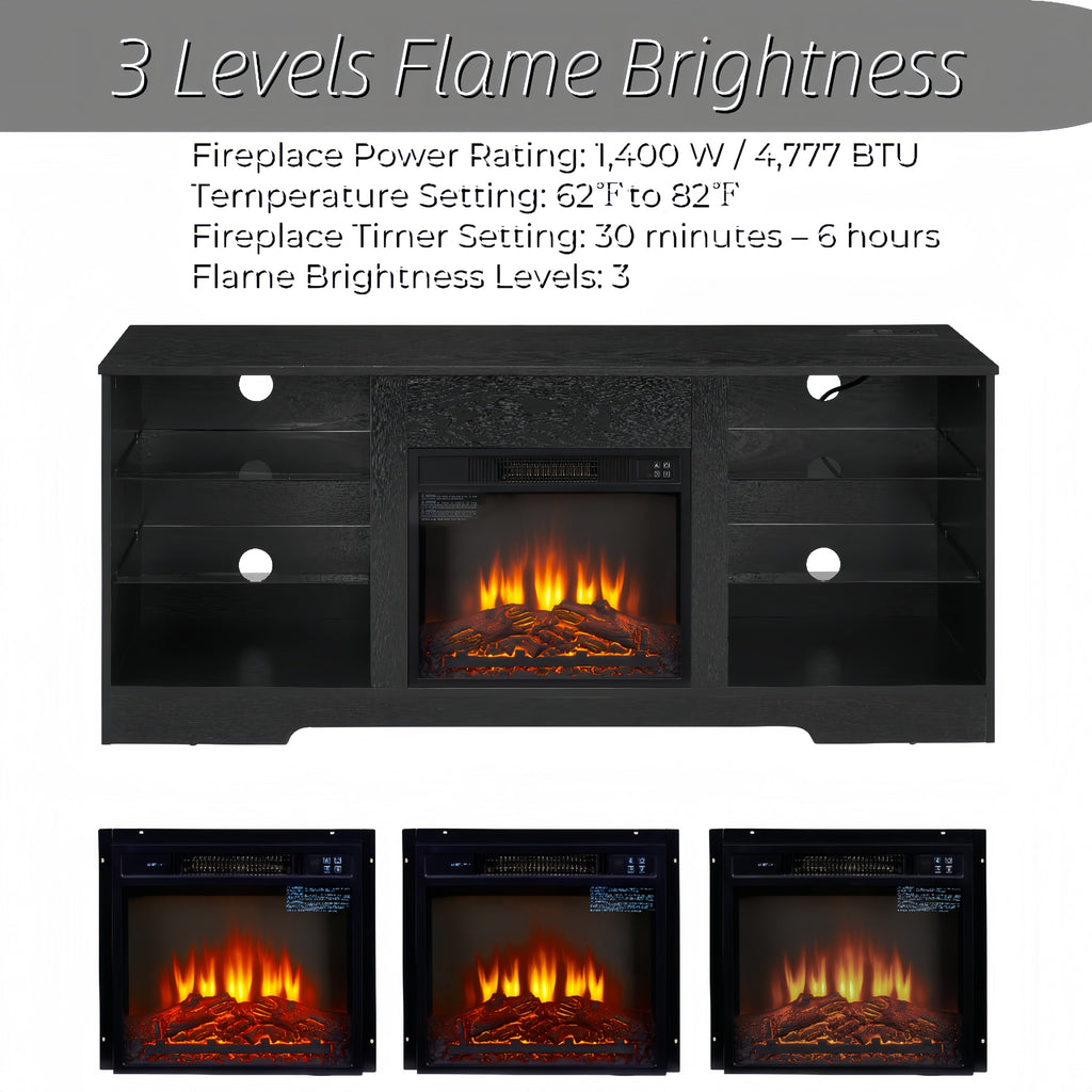 TV Stand with Electric Fireplace — Glass Shelves & USB Outlets for TVs Up to 62"