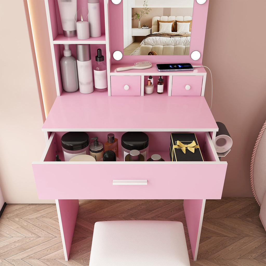 Vanity Table with Mirror, Adjustable LED Lights, Power Outlet, Hairdryer Holder & Stool – Compact Dressing Desk for Small Bedrooms