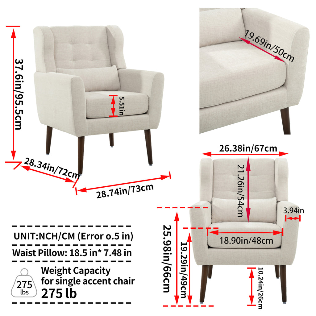 Beige accent chair ergonomic back and arms — profile view