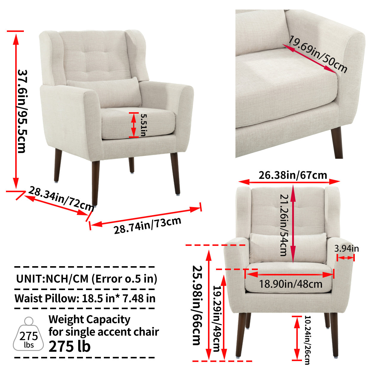 Beige accent chair ergonomic back and arms — profile view