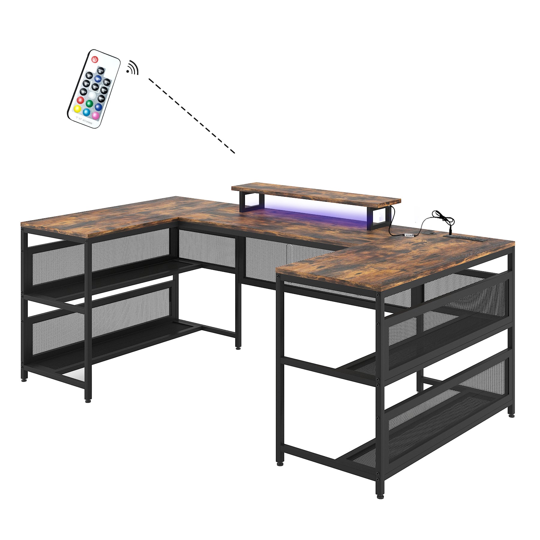 Computer desk four under-desk storage shelves side view