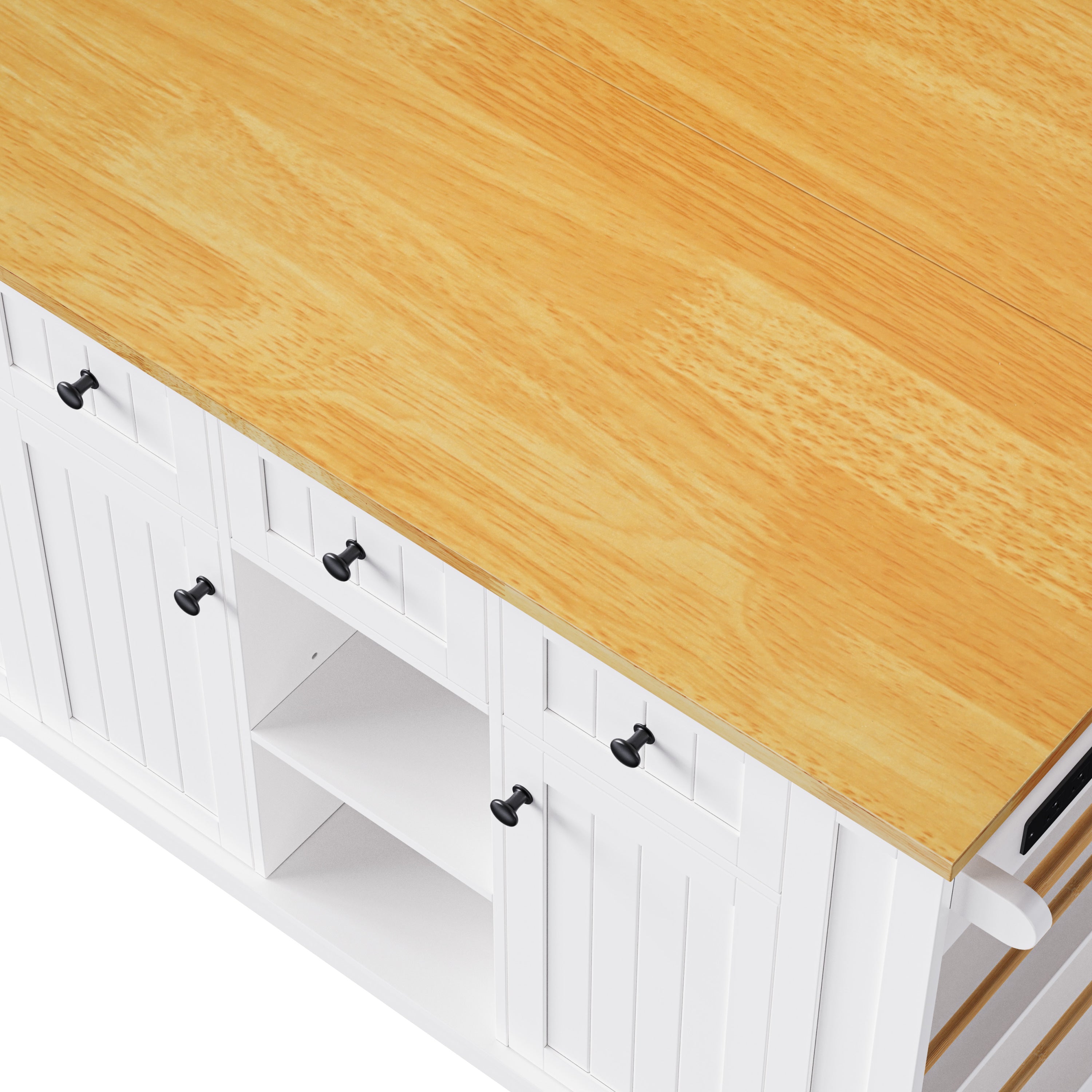 K&K 53inch Large Kitchen Island with Drop Leaf,Power Outlet,Door Internal Storage Rack,Rolling Kitchen Cart on 5 Wheels with 5 Open Side Racks for Kitchen,Black(Two Packages)(Stools not included)