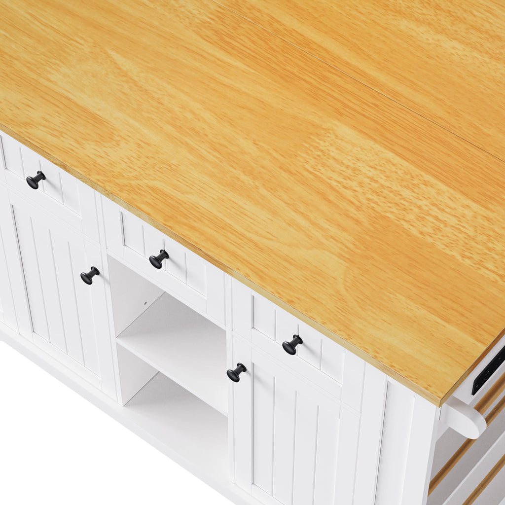 K&K 53inch Large Kitchen Island with 2 Bar Stools, Power Outlet,Door Internal Storage Rack, Kitchen Storage Cart on 5 Wheels with Drop Leaf, 5 Open Side Racks, 3 Drawers,Black (Three Packages)