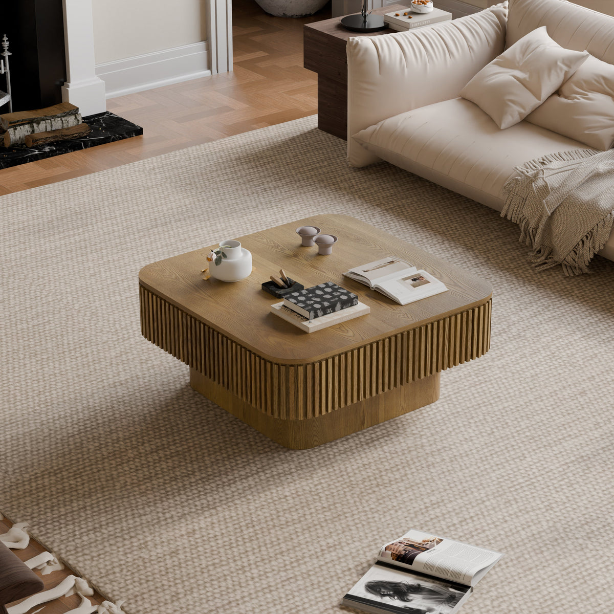 31.5'' Square Coffee Table with Storage Solid Wood Veneered Modern Coffee Table Accent Tea Table for Living Room, Bedroom, Apartment or Office, Natural Wood