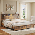 King Size Bed Frame with Storage Headboard, Wood Platform Bed Frame with Charging Station, LED Lights & Bookcase, No Box Spring Needed, Dark Brown