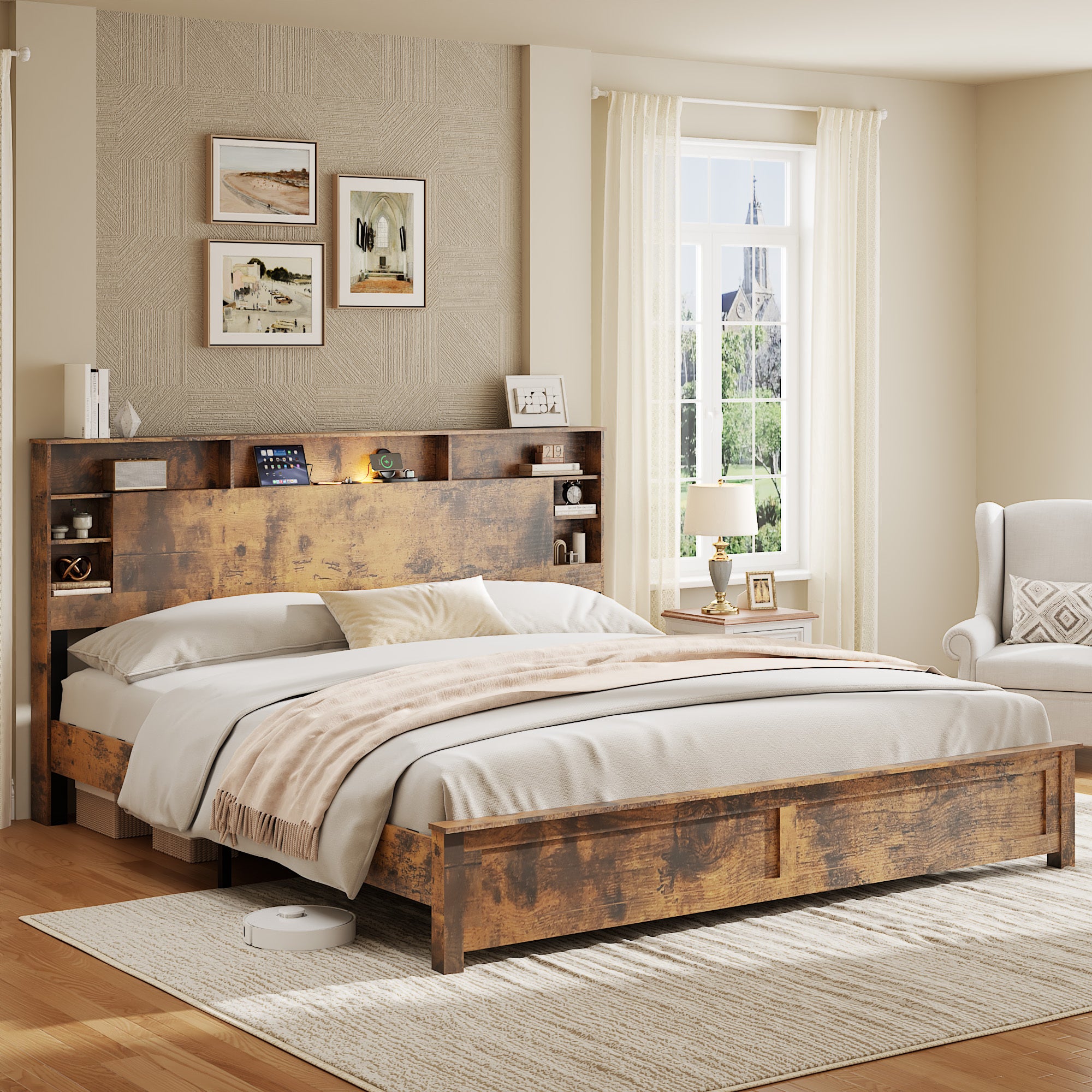 King Size Bed Frame with Storage Headboard, Wood Platform Bed Frame with Charging Station, LED Lights & Bookcase, No Box Spring Needed, Dark Brown