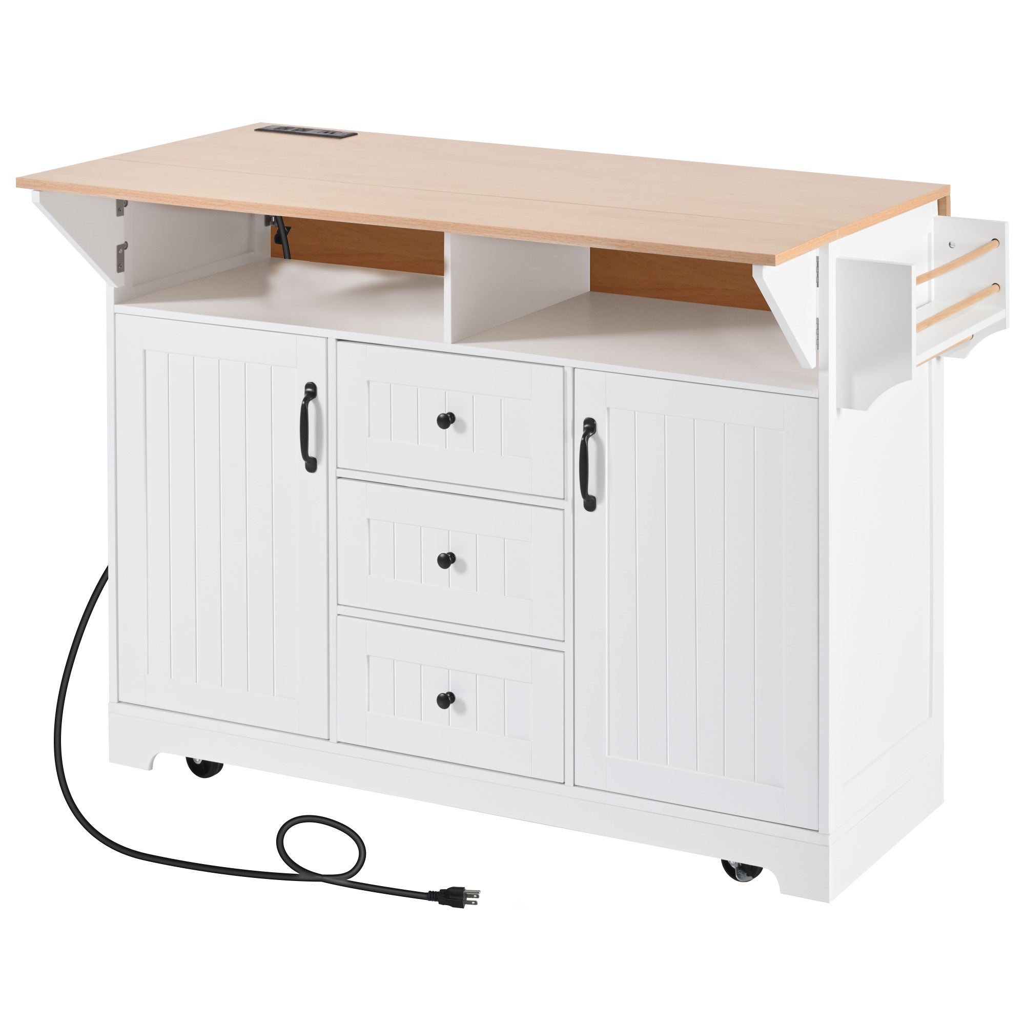 K&K 55.7'' Large Kitchen Island with 2 Drop Leaf,, Rolling Kitchen Cart on 5 Wheels with Power Outlet, Folding Storage Dining Table with Spice & Towel Rack , 3 Drawers, for Kitchen, Dining Room,Black