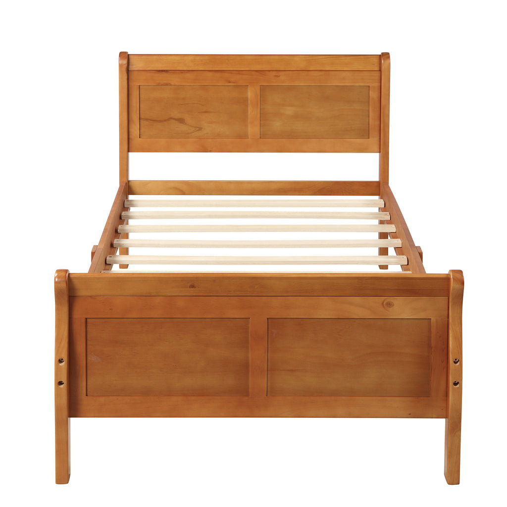 Twin platform bed footboard close-up