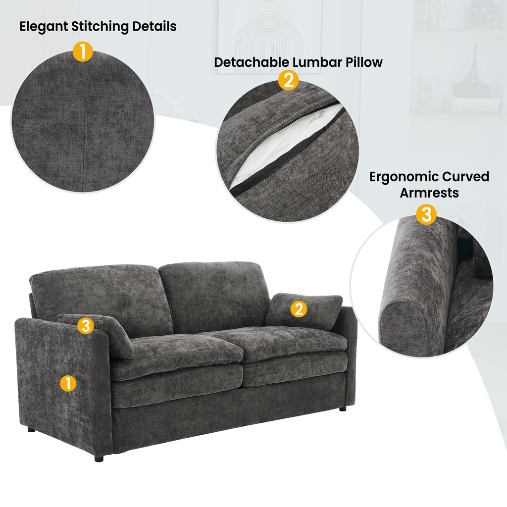 Gray chenille loveseat with curved rolled armrests