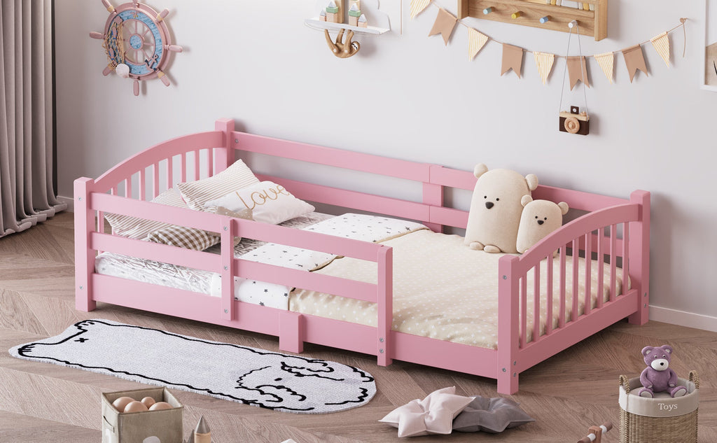 Twin Montessori Floor Bed with Slats and Safety Guardrails, Solid Wood Floor Bed with Fence and Without Door, Easy Assemble Montessori Bed for Girls and Boys, Gray