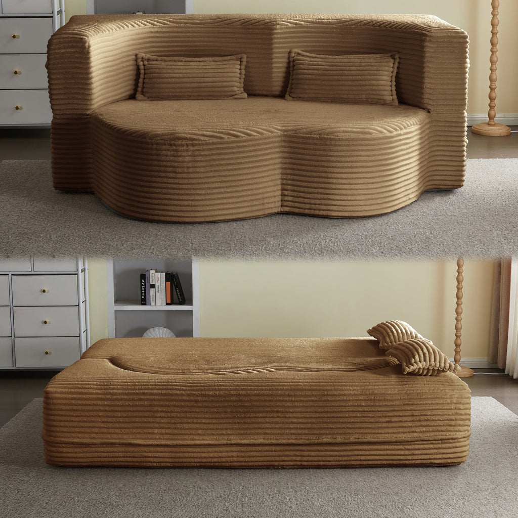 Modern Floor Sofa with 2 Pillows, Convertible Plush Corduroy Foam-Filled Sleeper Sofa Bed,15 ' Full Size Folding Mattress for Living Room, Guest Bed, no assembly required, Light Grey
