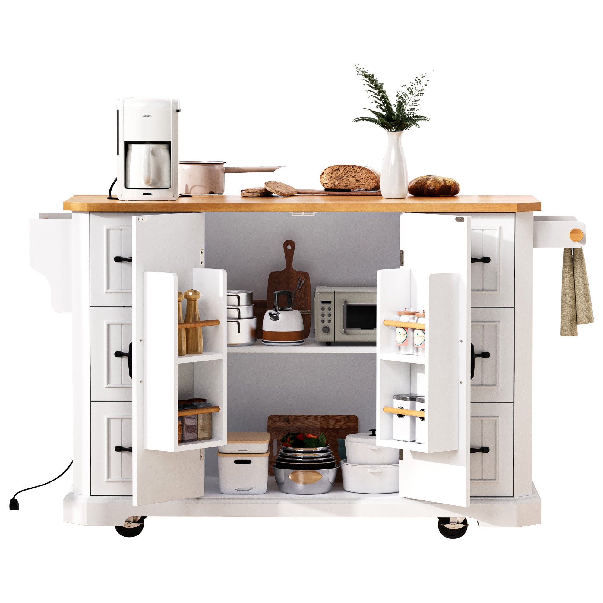 K&K 56 inch Kitchen Island with Rubber Wood Veneer Drop Leaf, Power Outlet, 4 Door Shelves, Embossed Vertical Stripe Rolling Kitchen Cart on 4 Wheels with 6 Deep Drawers for Kitchen, Dining Room,Black