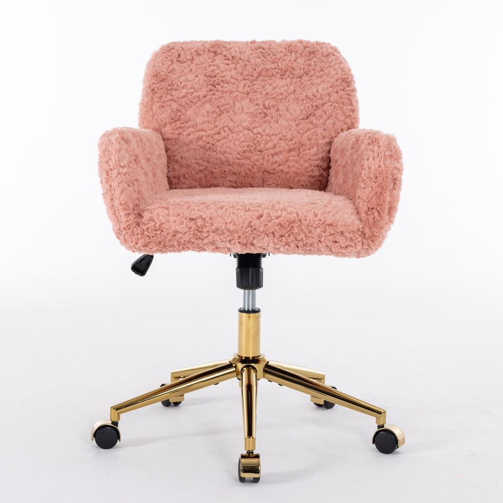 Reclining pink desk chair with gold metal legs and wheels