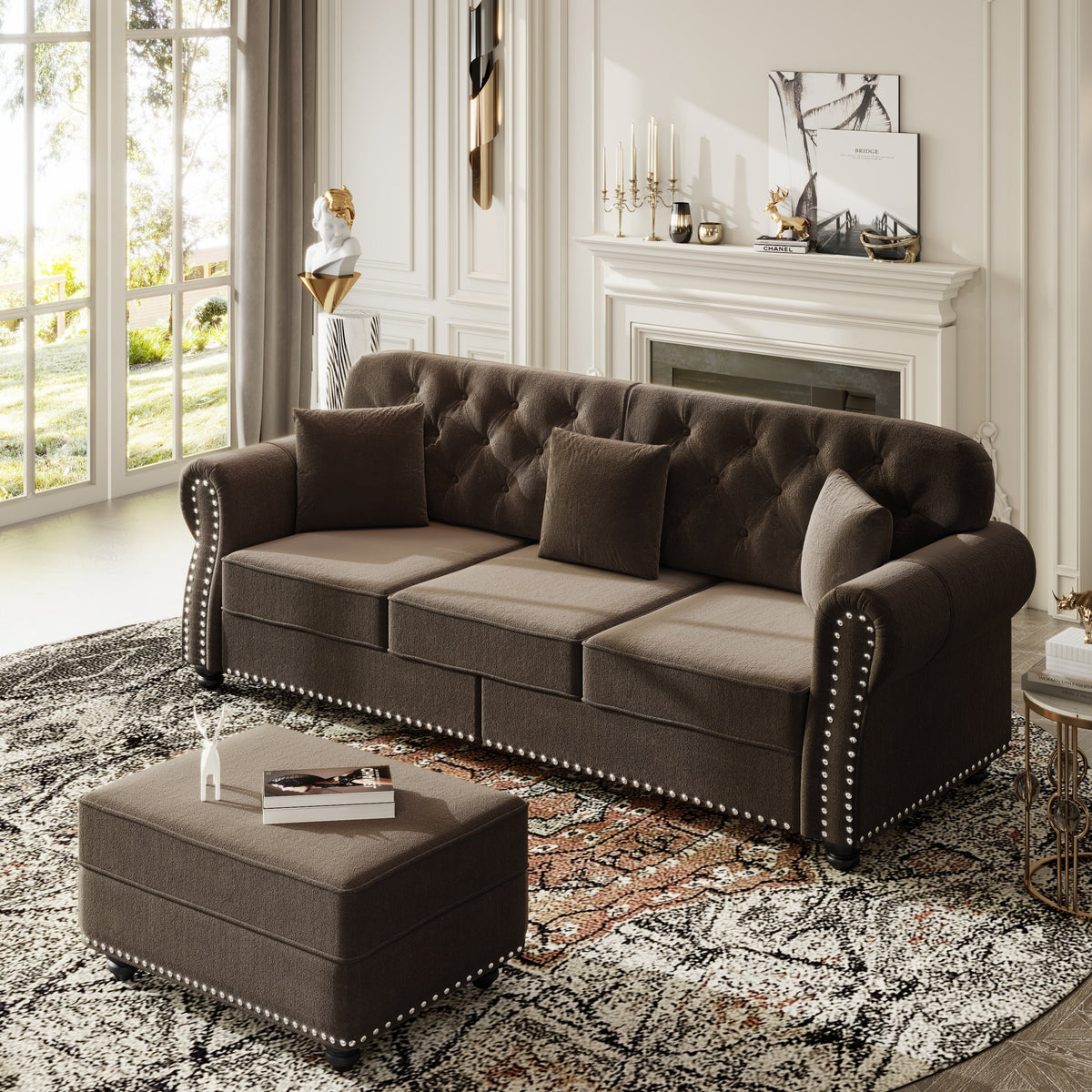 82.6'Upholstered Velvet Sofa with Nailhead Trim and Rolled Armrests,Mid-Century Modern Chesterfield Sofa with Button Tufted,Includes 3 Pillows,Burgundy