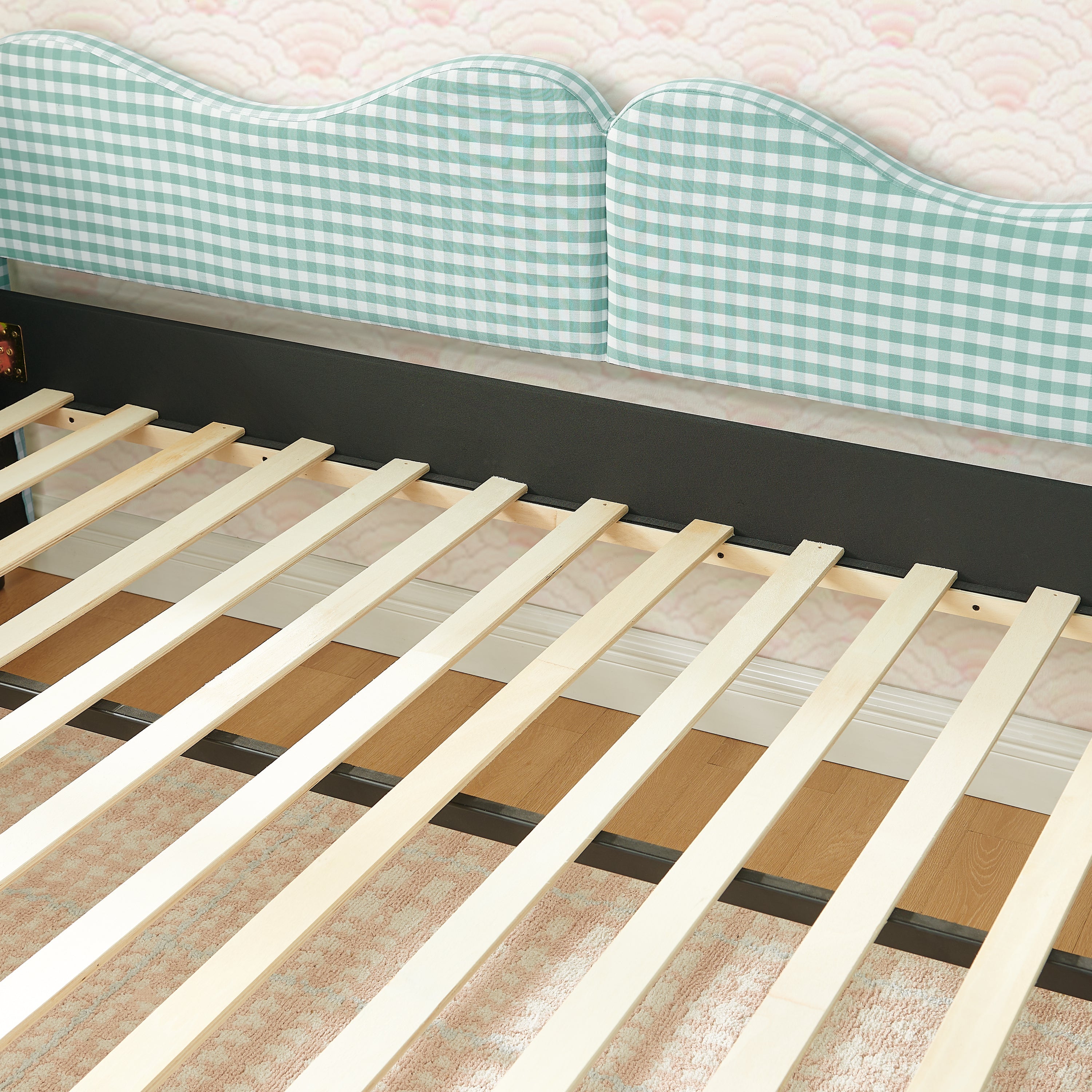 Full‑Size Daybed,Gingham Upholstered Daybed Equipped with Pull-Out Trundle Bed Frame & Side Storage Pocket, Solid Wood Frame Multi-Functional Sofa Bed for Kids Room & Guest Bedroom-PINK