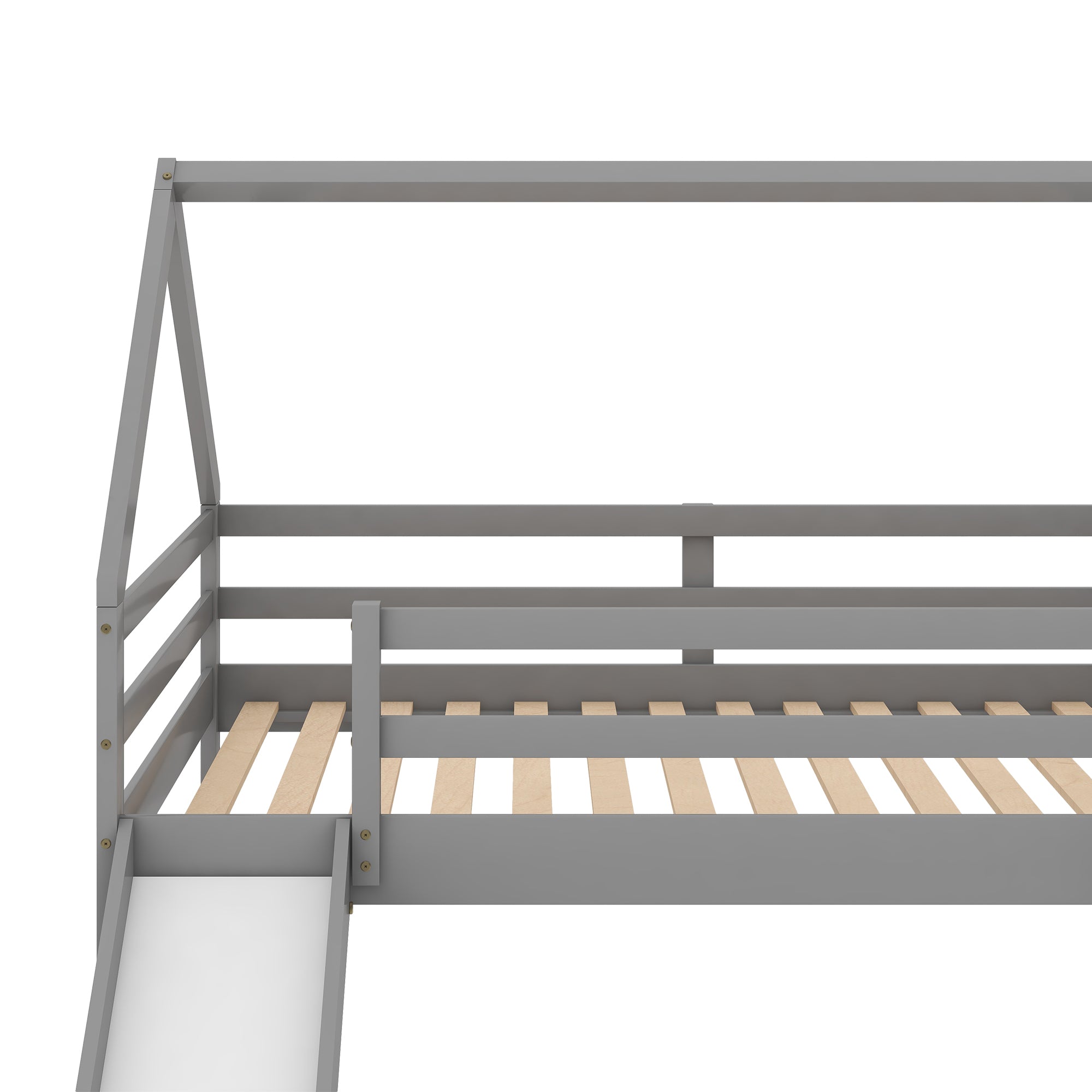 Gray pine wood bunk bed frame in kids bedroom setting