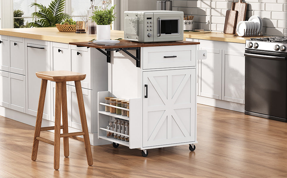 K&K 39.3' Farmhouse Kitchen Island with Drop Leaf, Kitchen Storage Island with Open Side Rack, One Drawer, Towel Rack, Rolling Kitchen Cart with Lockable Wheels for Lawn Garden, Black