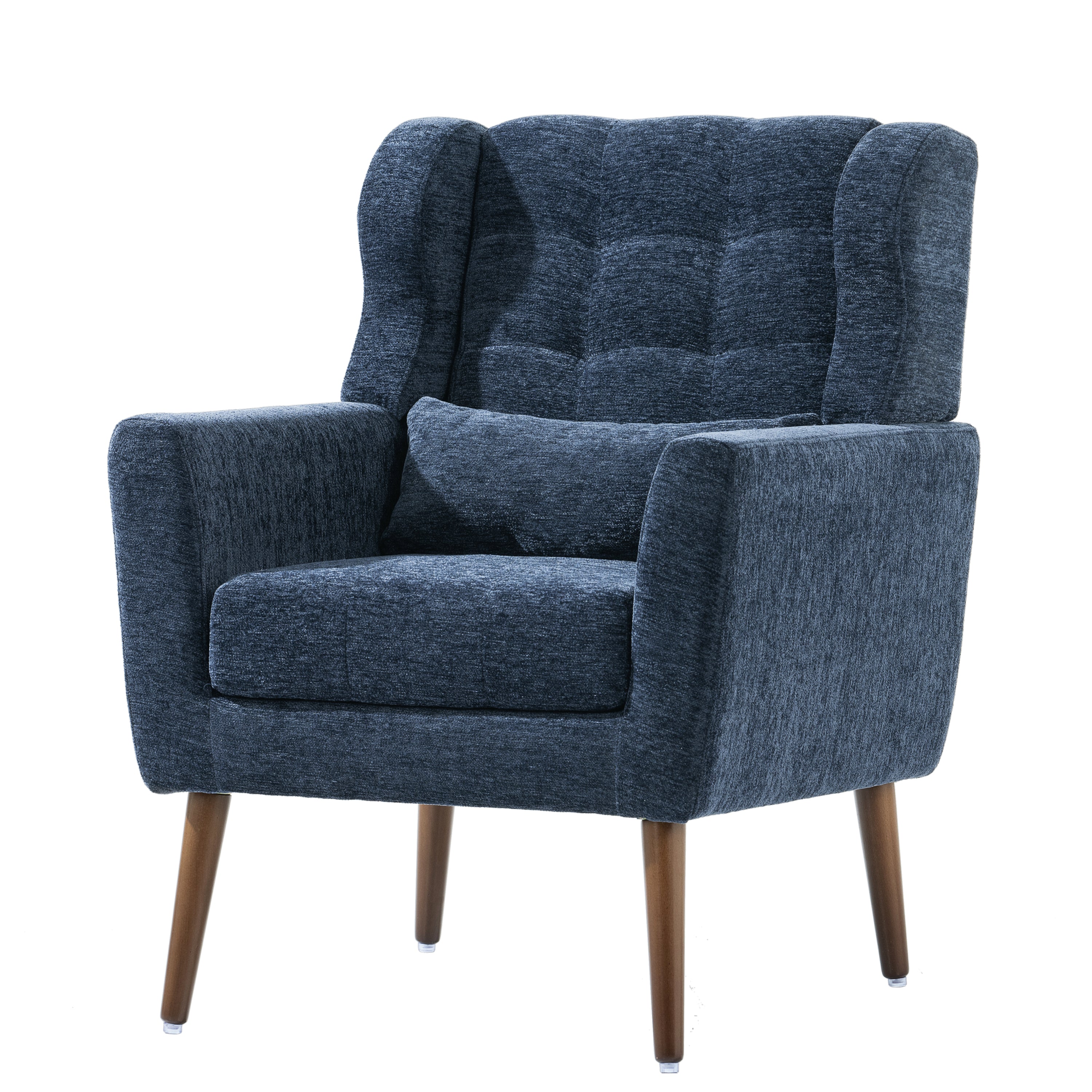 Blue accent chair with rubberwood legs — angle view
