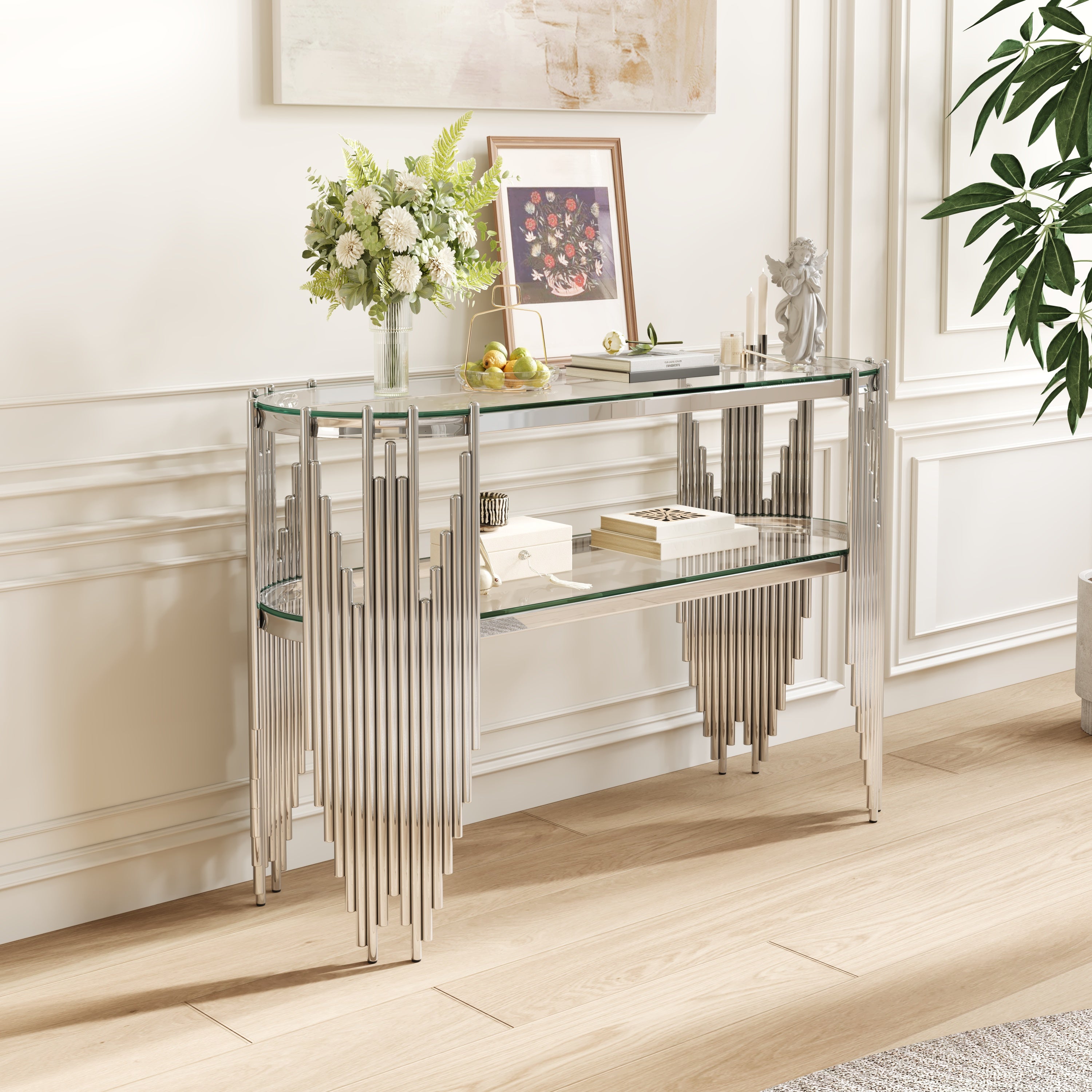 Luxury Silver Console Table with 2-Tier Tempered Glass Shelves, Modern Oval Entryway Table for Hallway & Living Room, Polished Stainless Steel Frame, 47' x 15.7' x 31.5'
