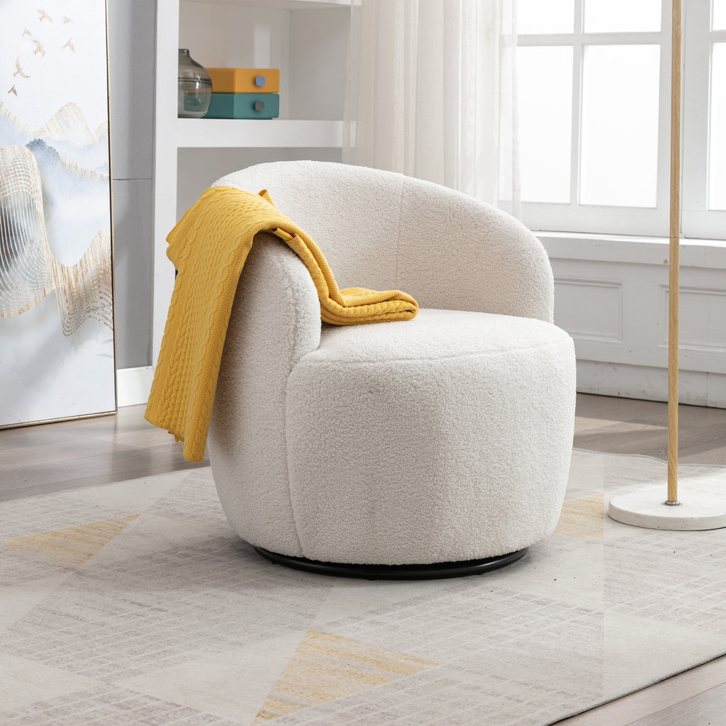 Ivory teddy fabric swivel barrel accent chair — front view