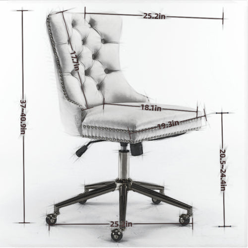 Button-tufted beige velvet desk chair angle view