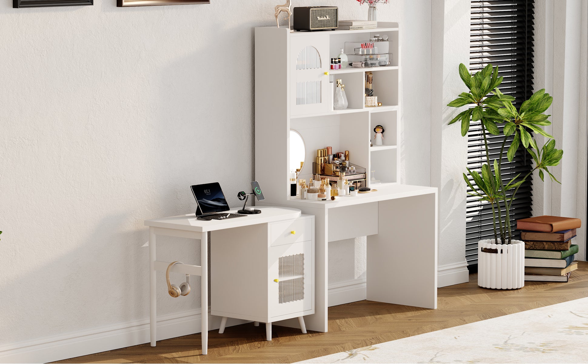 White home office desk cabinet shelf organization