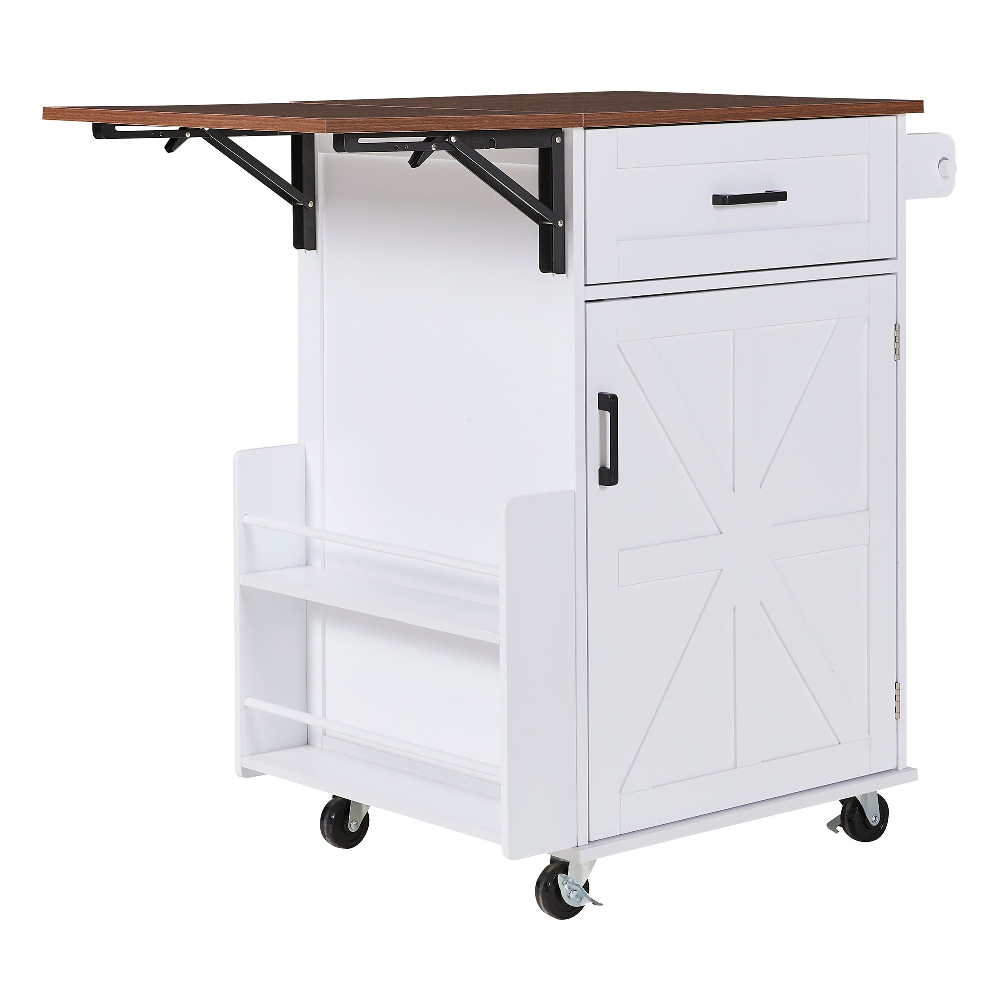K&K 39.3' Farmhouse Kitchen Island with Drop Leaf, Kitchen Storage Island with Open Side Rack, One Drawer, Towel Rack, Rolling Kitchen Cart with Lockable Wheels for Lawn Garden, Black
