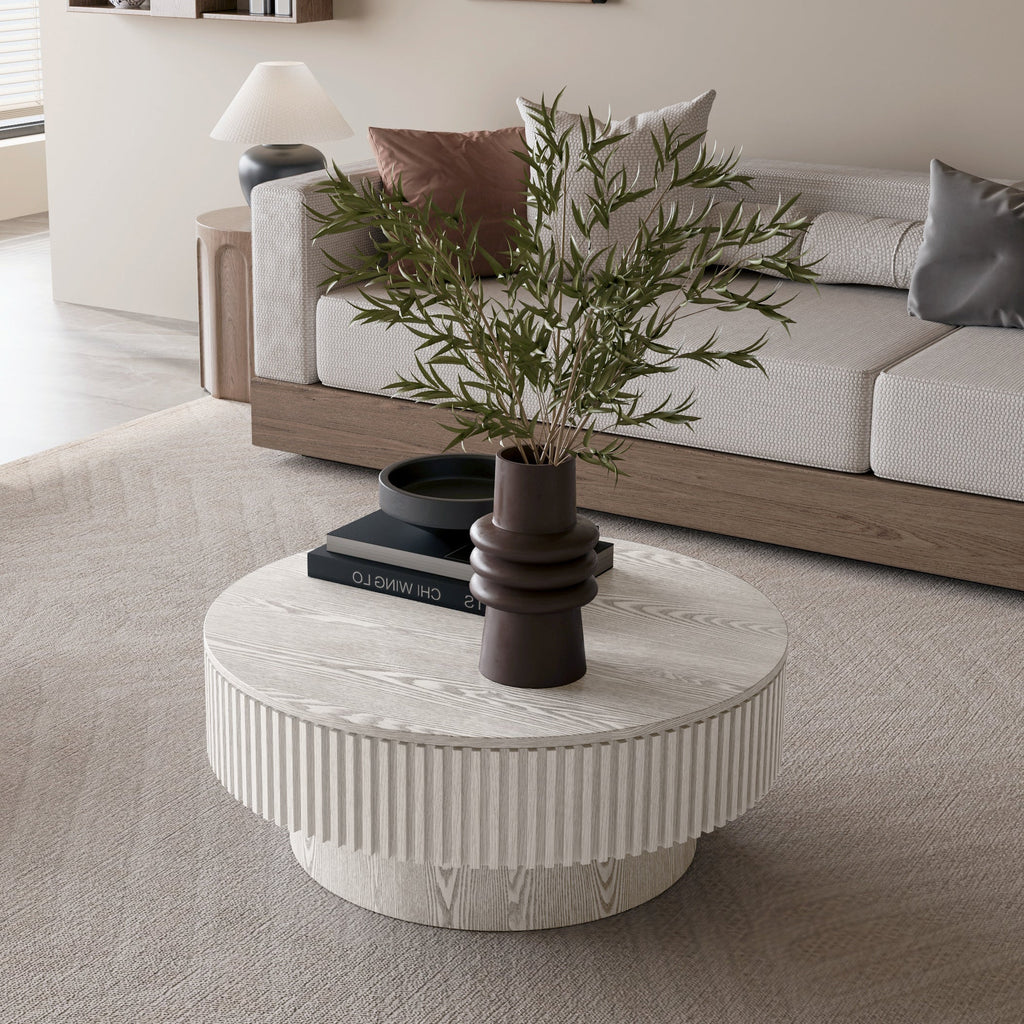 31.5'' Round Coffee Table with Storage Solid Wood Veneered Modern Coffee Table Accent Tea Table for Living Room, Bedroom, Apartment or Office, Grey