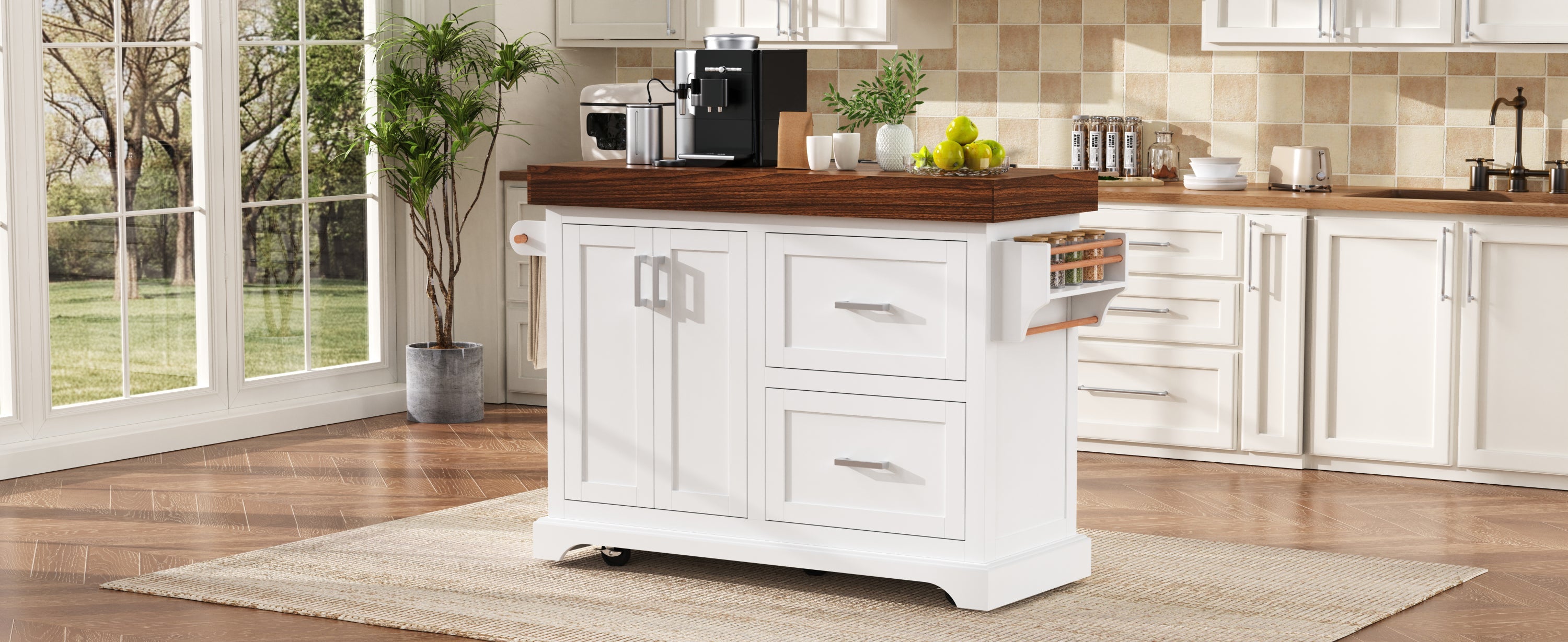 K&K 53' Large Kitchen Island with 3.5' Thick Desktop, Spice and Towel Racks, Rolling Kitchen Island with Storage on 5 Wheels, 2 Extra-large Drawers, for Home, Kitchen, Dining Room, Black