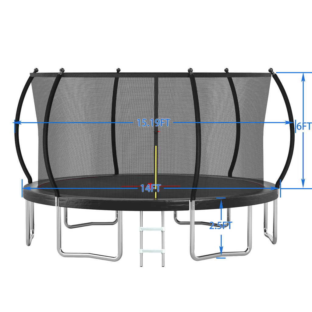 Outdoor trampoline dimensions diagram 14 ft diameter six legs — spec view