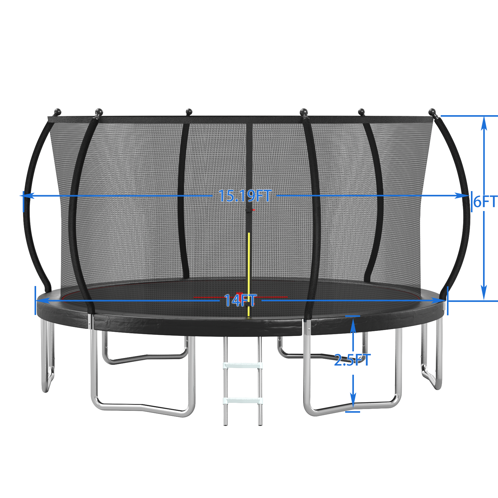 Outdoor trampoline dimensions diagram 14 ft diameter six legs — spec view