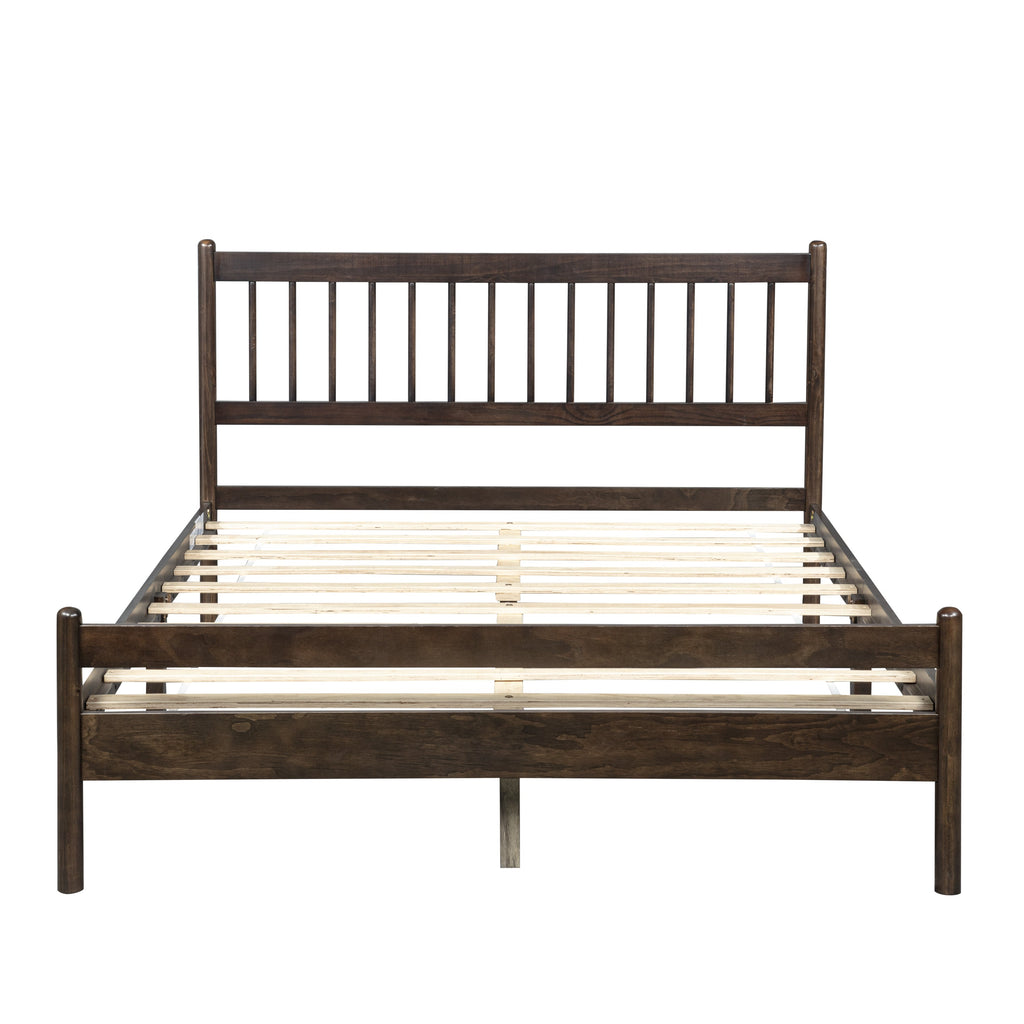 Traditional Style Queen Size Bed with Headboard and Footboard, Pinewood Bed with Strengthened Bed Frame ,Walnut