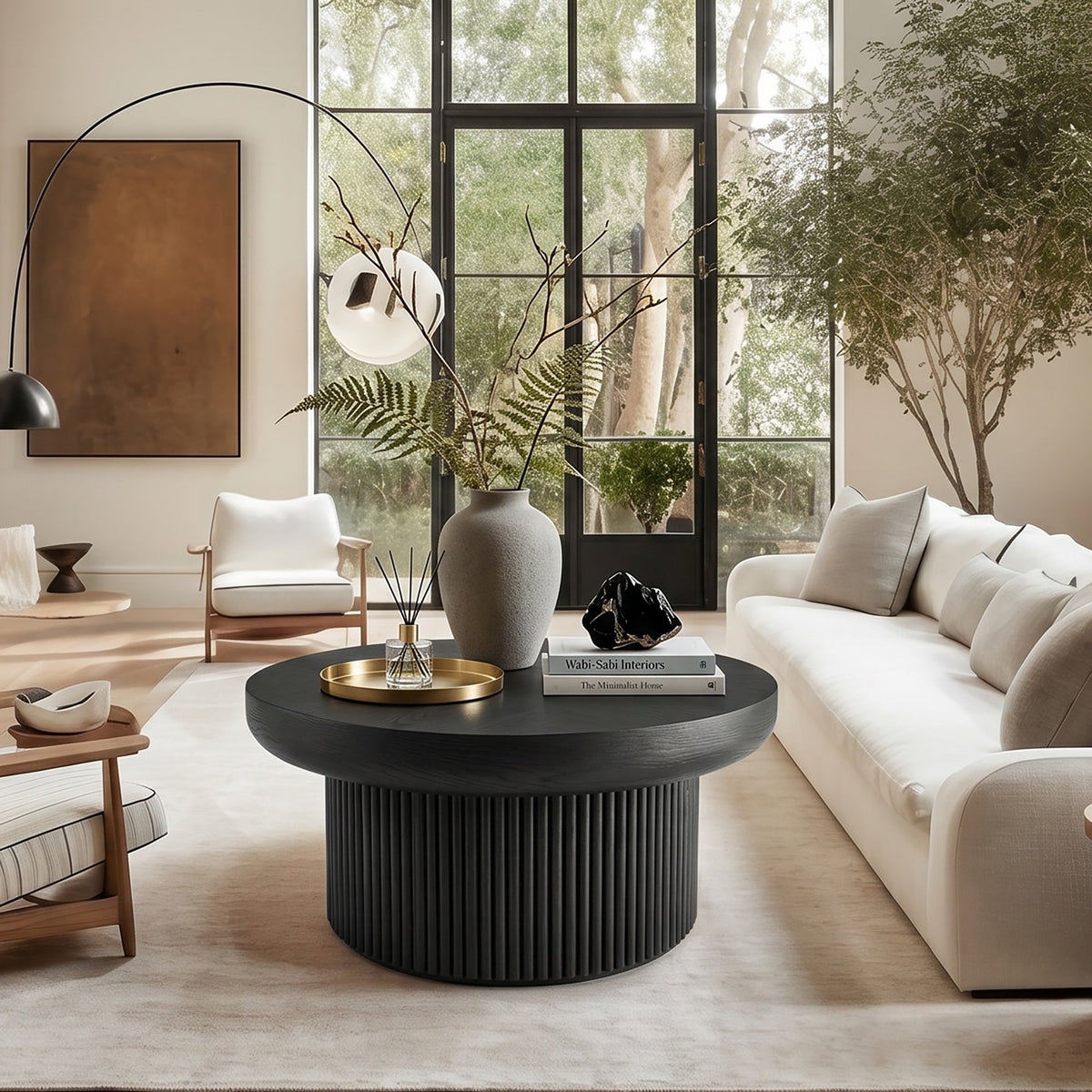 33.5'' Round Fluted Coffee Table with Real Wood Parquet Pattern Top & Cylindrical Base, Thickened Tabletop, Mid-Century Modern Circle Cocktail Table for Living Room, Small Space, Walnut