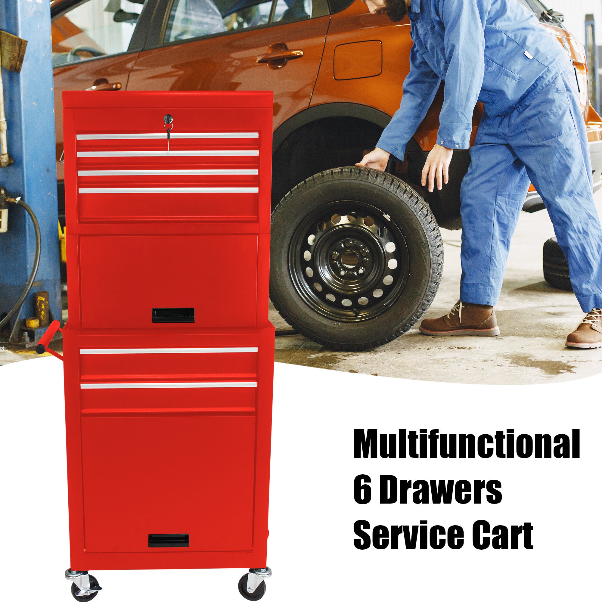 Metal tool storage cabinet on casters — angle view