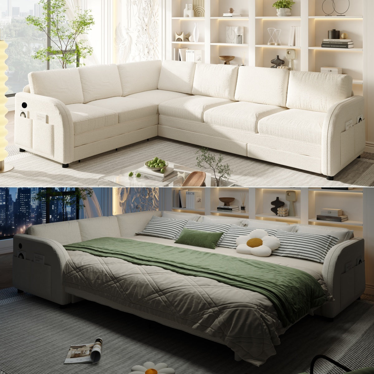 115.2' L-Shaped Sofa Couch with Pull-Out Bed,Oversize Convertible Sleeper Sofa with side Pocket & USB Port,Teddy Upholstered Sectional Couches with Convert Left/Right Facing, Light Grey