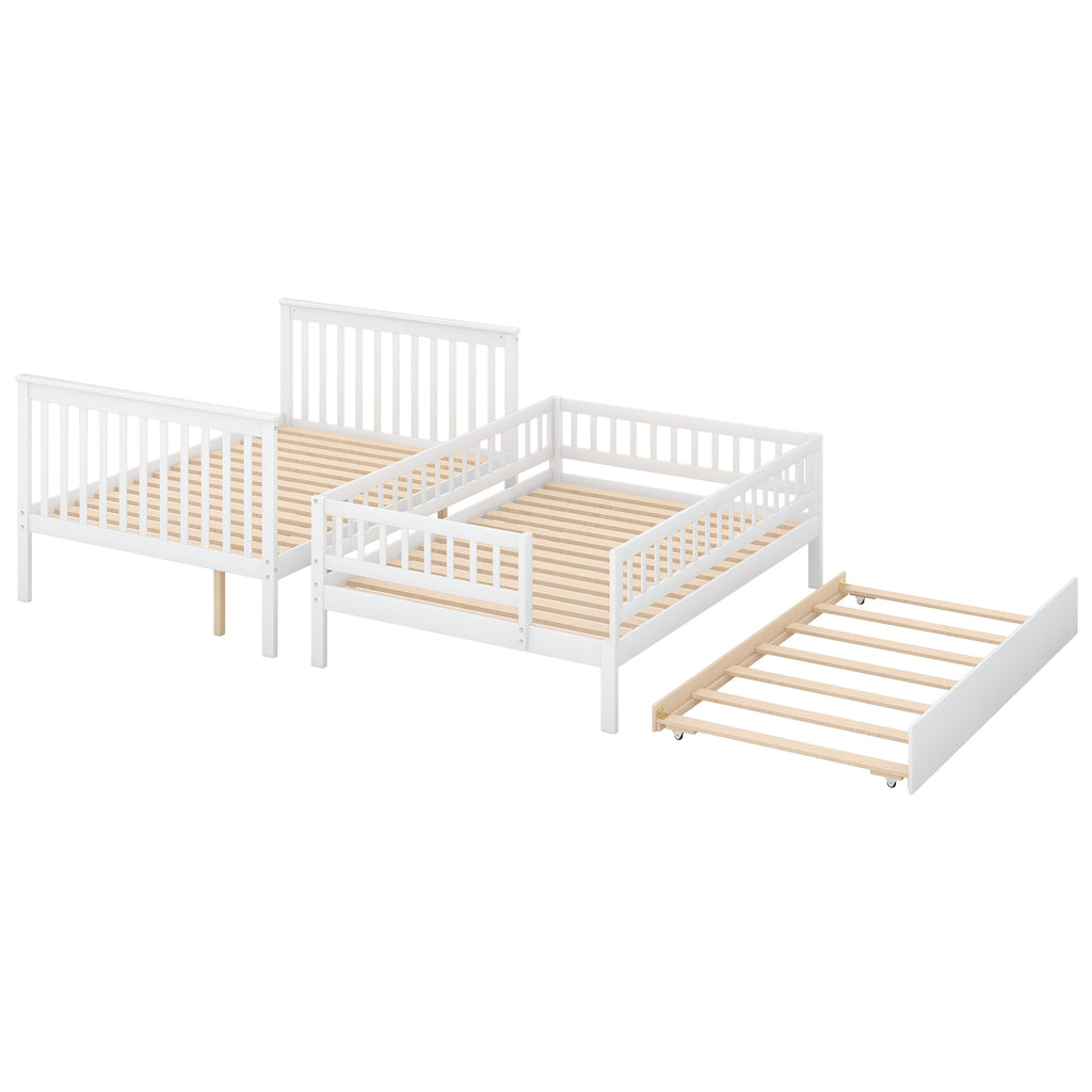 Full over full bunk bed separated into three individual beds