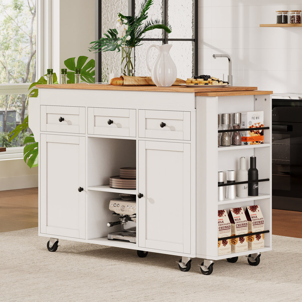 K&K 85.5' Kitchen Island with Extendable Dining Table, Kitchen Storage Table with 3 Side Open Shelves, Rolling Kitchen Island with Power Outlet, 3 Drawers, 2 Doors, for Kitchen, Dining Room, Black