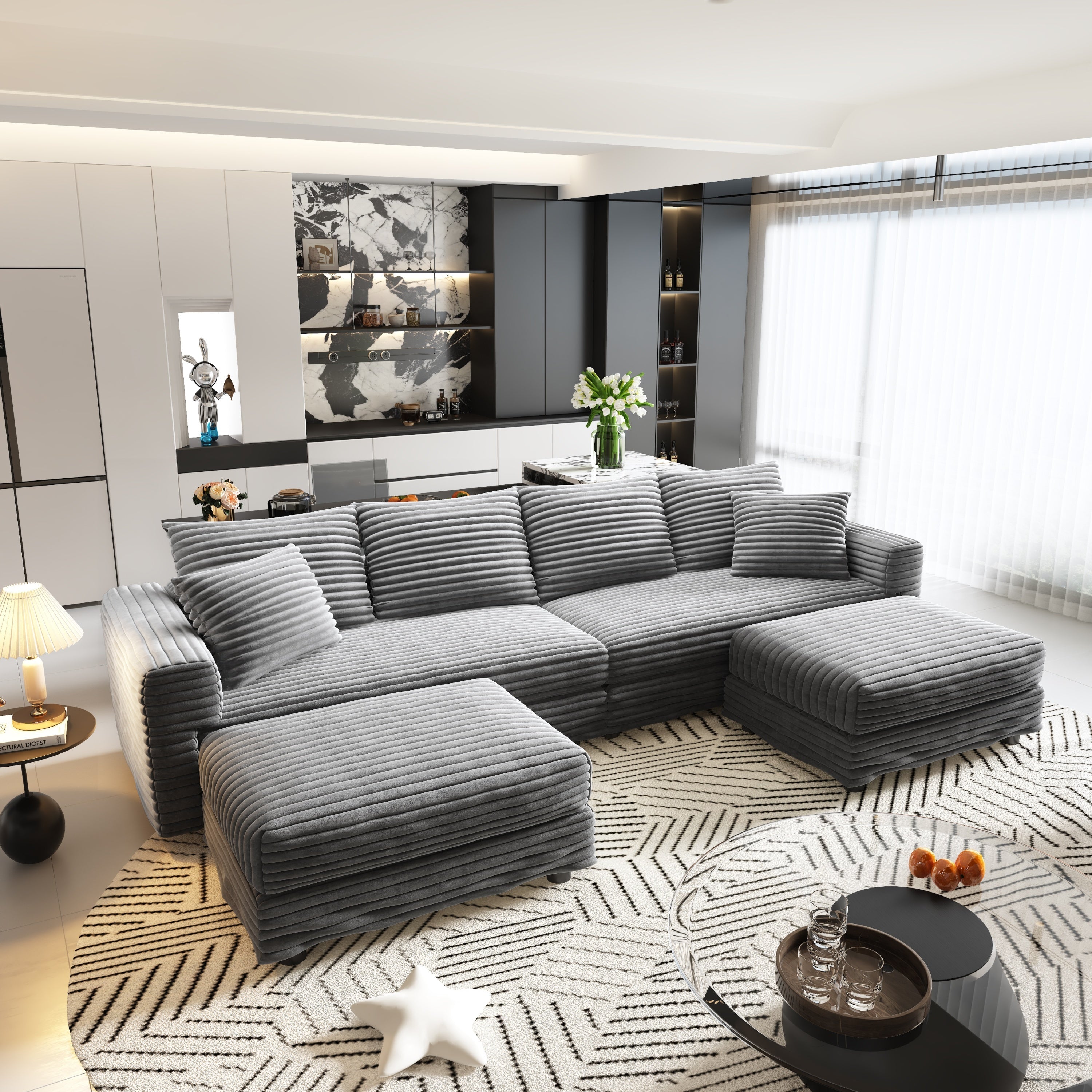 102.4 'Plush Corduroy 4-Seat Sofa,Modern Comfy Upholstered Sofa Cloud Couch,Deep Seat Couches with Soft Pillows and 3 Ottomans,Convertible Sofa Lounge Chair,Black(Old SKU:W1885S00287)