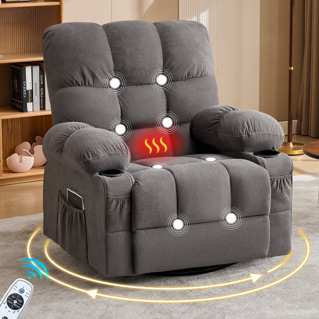 Gray oversized massage swivel rocker recliner — front view