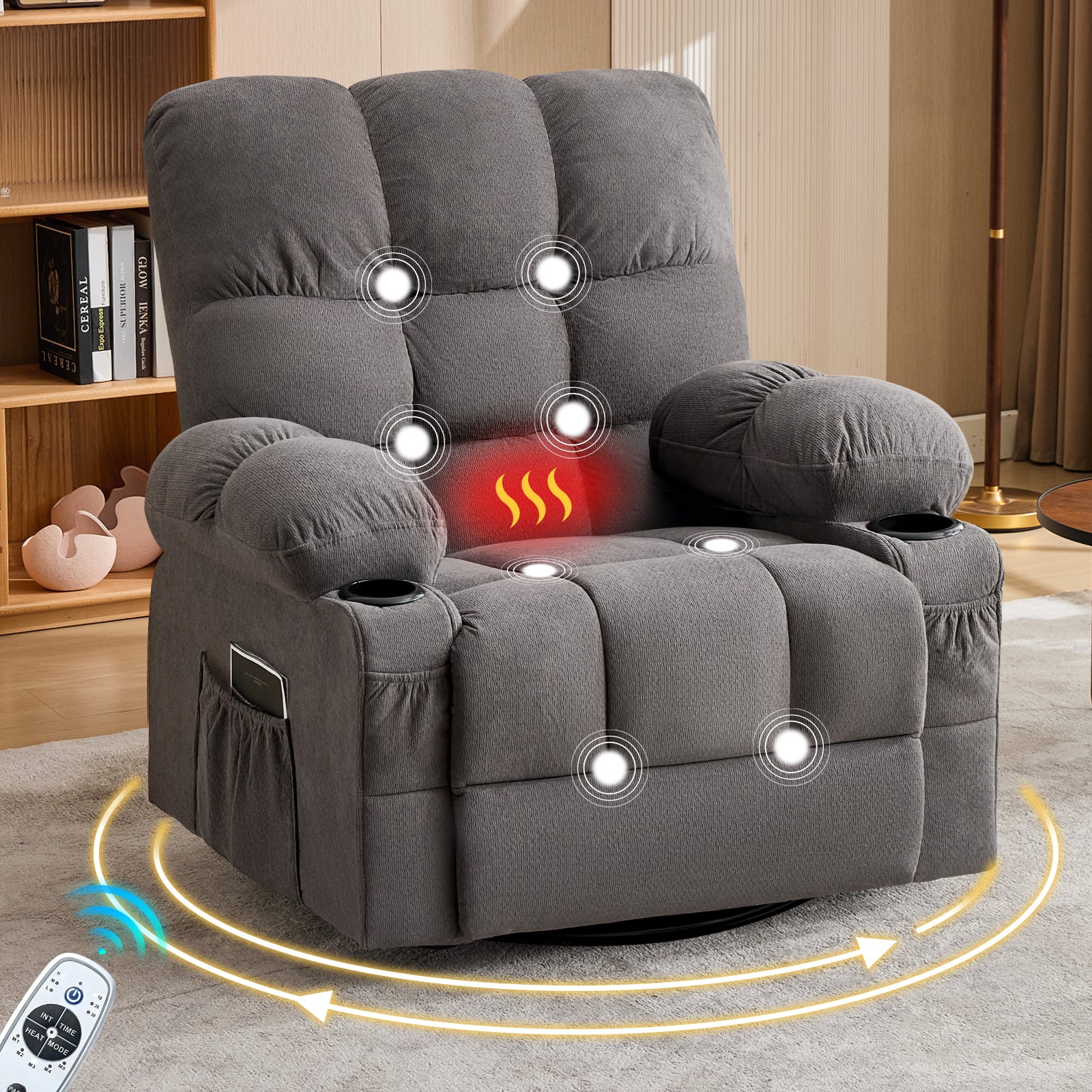 Gray oversized massage swivel rocker recliner — front view