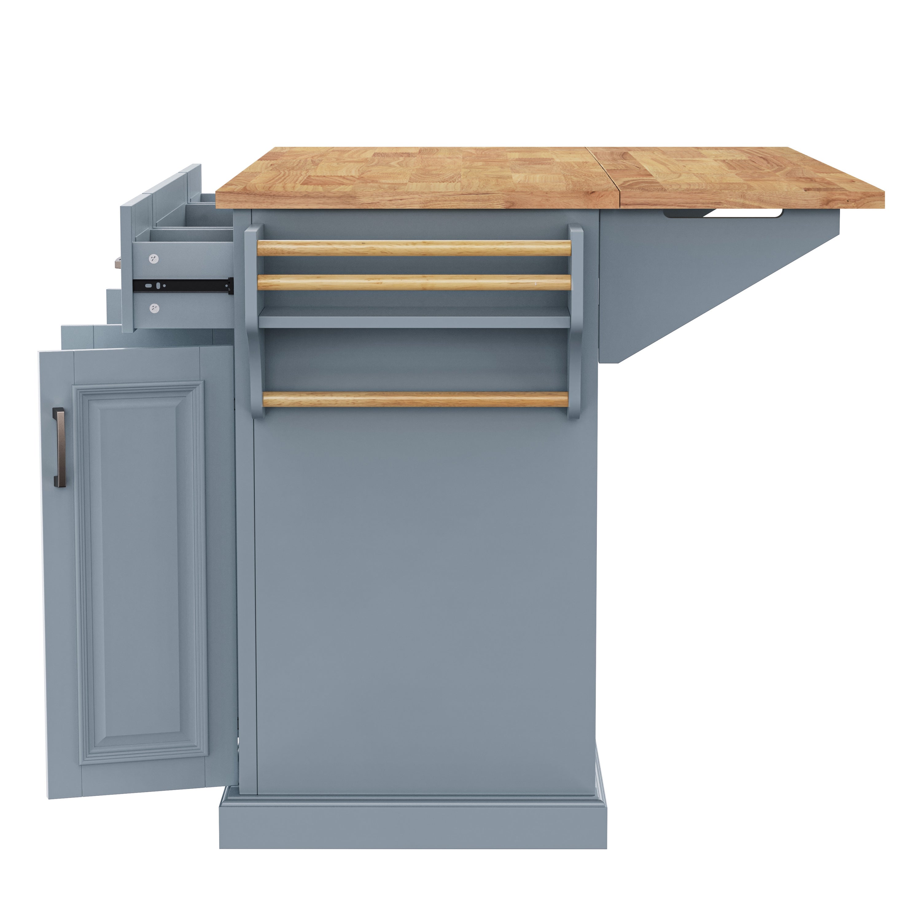 K&K 54inch Large Kitchen Island with Rubber Wood Drop Leaf, Embossed Texture Rolling Kitchen Cart on 4 Wheels with 4 Doors and 3 Drawers, Kitchen Island with Storage for Kitchen, Dining Room,Black