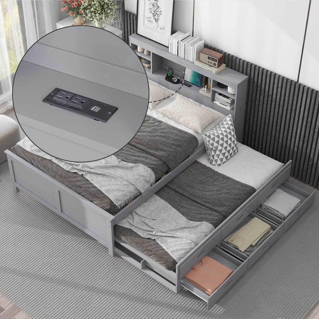 Gray platform bed headboard with built-in shelves close-up