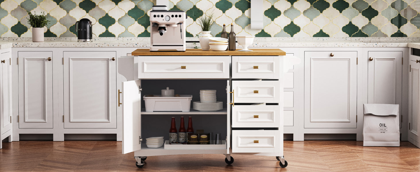 K&K 52'' Kitchen Island with Drop Leaf, Embossed Texture Kitchen Island on Wheels with Spice Rack, Towel Rack, 2 Doors and 5 Drawers, Kitchen Storage Cart with Adjustable Shelf for Kitchen, Blue Grey