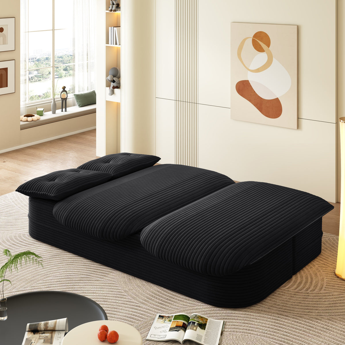 78.7' Modern 2-in-1 Foldable Sofa with Functional Blanket and 2 Soft Pillows,Comfortable Plush Corduroy Fabric Sofa,Convertible Sleeper Sofa Bed,Deep Seat Sofa Couch for Living Room,Bedroom,Baby Pink